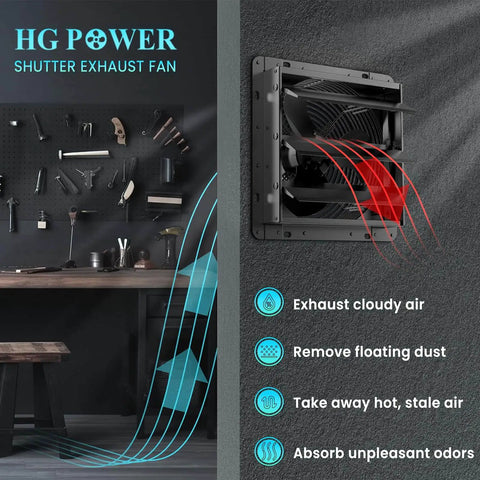 10 Inch Shutter Exhaust Fan With Speed Controller 647 CFM Beast Mode High Speed Vent Fan 1400 RPM Wall Mounted Attic Ventilation For Shed Garage Greenhouse Black HG Power installed on wall showing airflow diagram