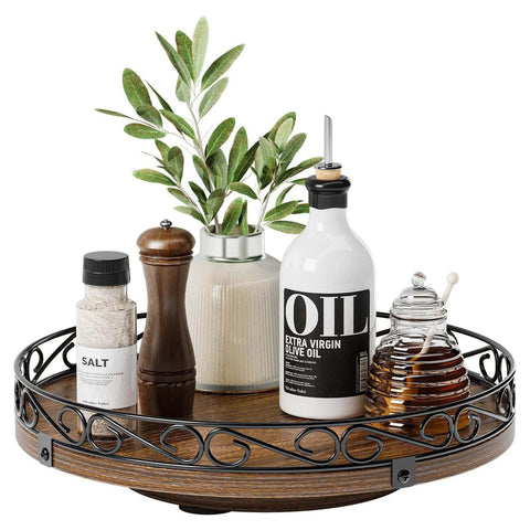 10 inch farmhouse wooden lazy susan turntable designed for cabinets with olive oil, salt, and decor on rustic tray.