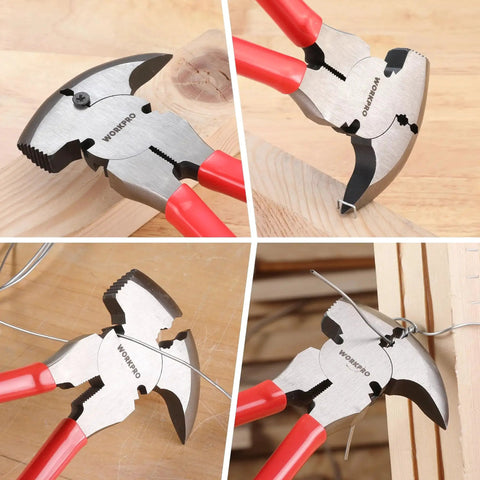 Six In One 10 Inch Fencing Pliers Multi Tool For Fence Installation And Repair shown cutting wire, pulling nails, and hammering