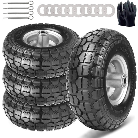 10 Inch 4.10/3.50-4 Flat Free Solid Rubber Wheels 4 Pack, Heavy Duty Hand Truck and Dolly Tires with 5 8 Inch Axle, Steel Rim