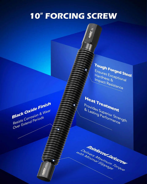 10-inch forcing screw from 34pc Ball Joint & Wheel Bearing Press Kit, shown with black oxide finish and heat treatment features