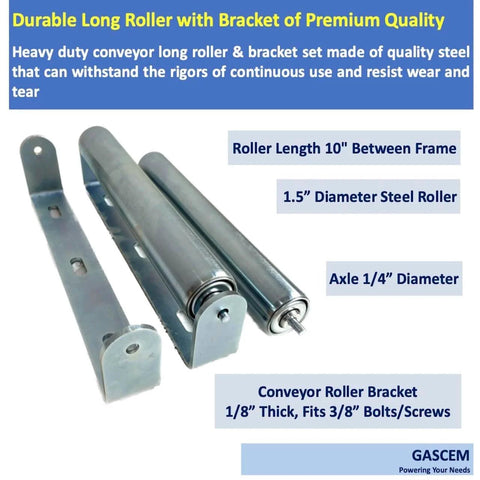 Pack of 2 Long Roller and Bracket Set 10 Inch BF 1.5 Inch Diameter Galvanized Steel Conveyor Rollers for Woodworking Roller Stands