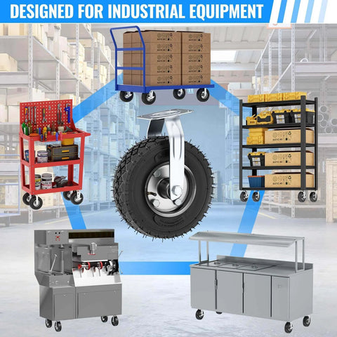 10 inch heavy duty caster wheels with brakes set of 4 featured in industrial equipment setting with various carts.