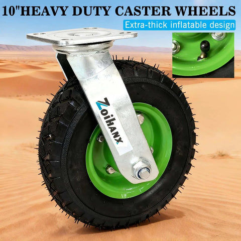 10 inch heavy duty pneumatic caster wheels set of 4 with rubber knobby tread, showcasing a swivel caster design.