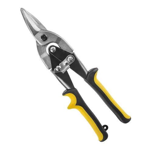 10 Inch Tin Snips Heavy Duty Chrome Vanadium Steel Metal Cutter Shears with yellow and black handles for cutting sheet metal.