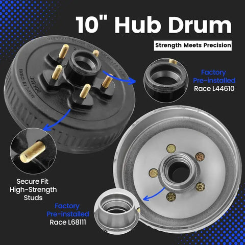 Close-up of 10-inch hub drum with pre-installed races L44610 and L68111, featuring secure fit high-strength studs.