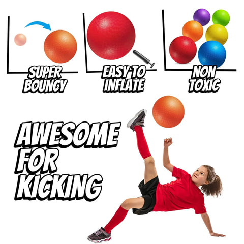 10 Inch Kickball Playground Balls - (Pack of 6) Inflatable Rubber Indoor Outdoor Bouncy Balls for Adults & Kids illustrated with features