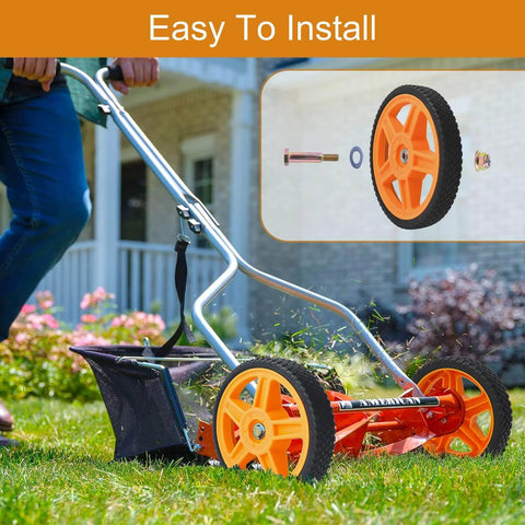 10 Inch Lawn Mower Wheels for Push Mowers, Plastic PU Wheels with Bolts & Nuts, showing wheels installed on a lawn mower