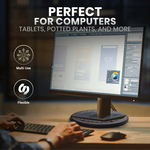 10 Inch Lazy Susan Turntable Organizer with a computer on top, demonstrating its stability and rotating ability for office use, black.