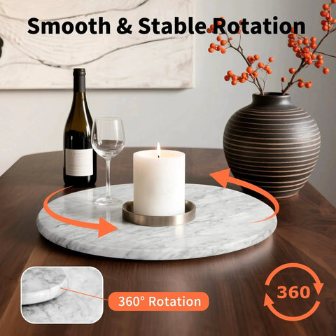 10 Inch Marble Lazy Susan With Silent Rotation For Countertop Kitchen Organization Natural Marble Cake Turntable displayed elegantly with candle and wine bottle on wooden table