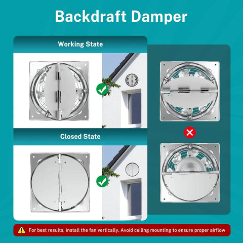 Beefy 10 Inch Metal Exhaust Fan With Switch And Damper 988 CFM Garage Ventilation Fan For Shop Shed Basement Chicken Coop Wall Mount Fume Extractor In Silver showing backdraft damper working and closed states