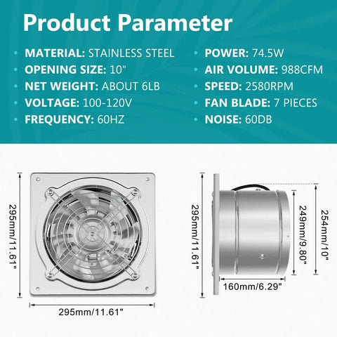 Diagram of Beefy 10 Inch Metal Exhaust Fan With Switch And Damper 988 CFM Garage Ventilation Fan showing dimensions and specifications.