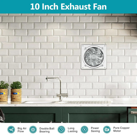 Beefy 10 Inch Metal Exhaust Fan With Switch And Damper 988 CFM Garage Ventilation Fan installed on white tiled wall
