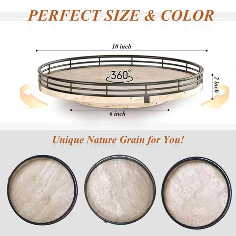 Italian natural travertine lazy susan turntable for table top, 10 inch round stone tray organizer with black frame viewed from above.