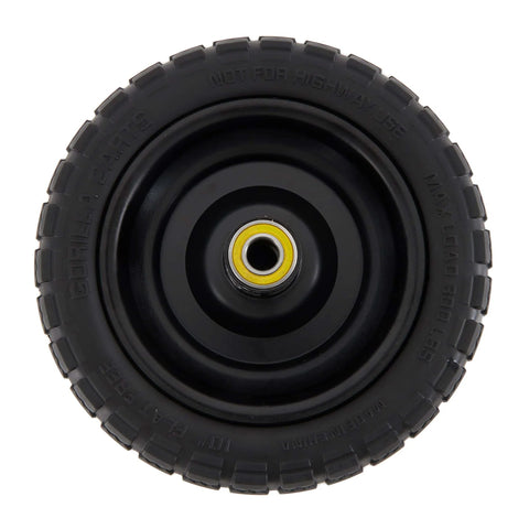 Front view of a 10 inch no-flat replacement tire, solid polyurethane, with a 2.16” hub and 5/8” bore for utility wagon.