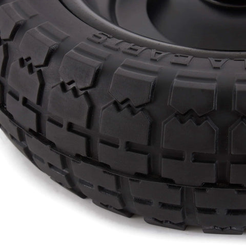 Close-up of tread on 4-pack 10 inch no-flat replacement tire, 300 lb capacity each – solid polyurethane, 2.16” hub, 5/8” bore.