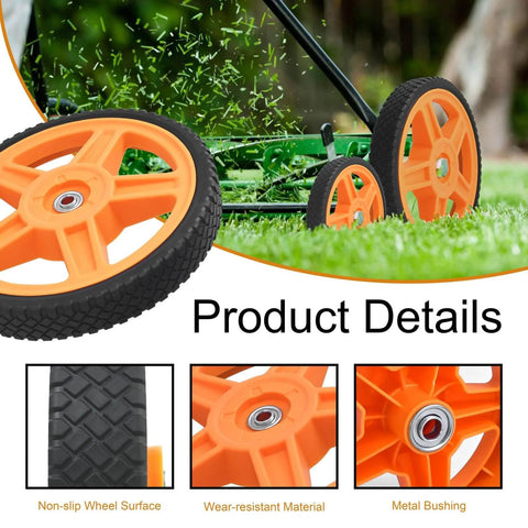 10 Inch Lawn Mower Wheels for Push Mowers, Plastic PU Wheels with Bolts & Nuts shown on grass
