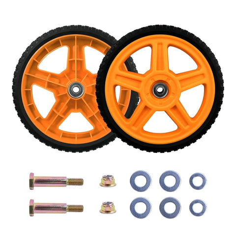 10 Inch Lawn Mower Wheels for Push Mowers, Plastic PU Wheels with Bolts & Nuts, 10x1-3/4 Size, 1/2 Inch Bore, 2 Pack front view