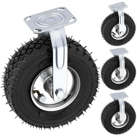 10 inch pneumatic caster set of 4 with 2 swivel and 2 rigid casters, featuring heavy duty rubber knobby tread wheels.