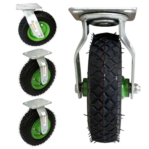 10 inch pneumatic caster wheels set of 4 with heavy duty air tires, showing 2 swivel casters and 2 rigid casters.