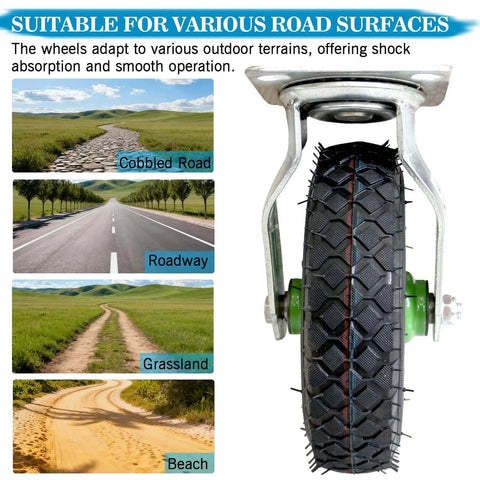 Close-up of a 10 inch heavy duty pneumatic caster wheel with rubber knobby tread suitable for varied outdoor surfaces.