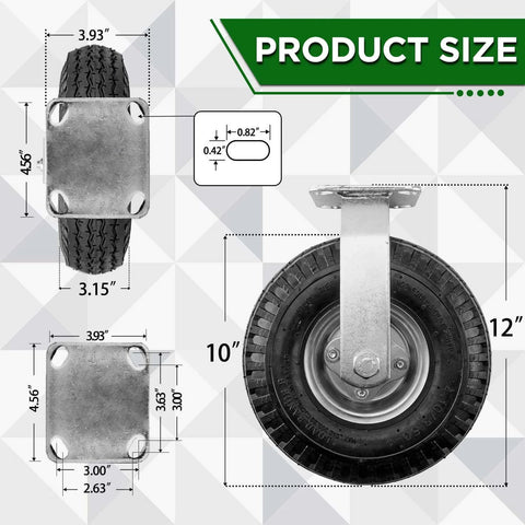 10 inch pneumatic rigid caster wheels in a 2 pack with all terrain rubber tires, zinc top plate design rated 600 lbs dimensions.