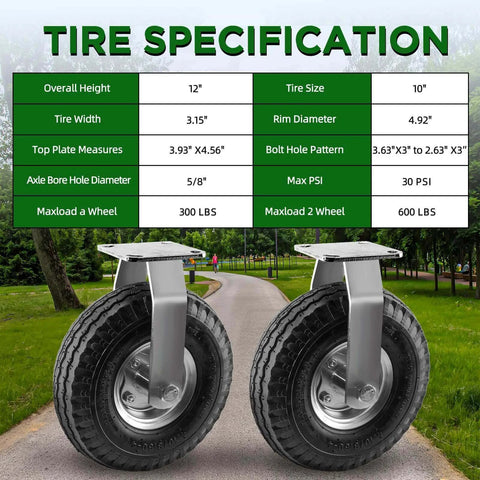 10 inch pneumatic rigid caster wheels in a 2 pack with all terrain rubber tires, zinc top plate design rated 600 lbs close-up