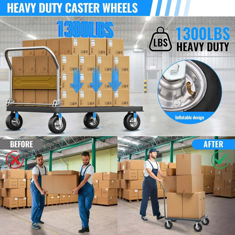 10 inch pneumatic caster set of 4 with 2 swivel and 2 rigid casters, heavy duty rubber knobby tread wheels rated 1300 lbs on cart