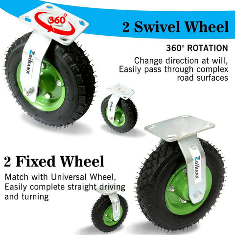10 inch heavy duty pneumatic caster wheels set of 4 with rubber knobby tread, showing 2 swivel and 2 fixed casters.