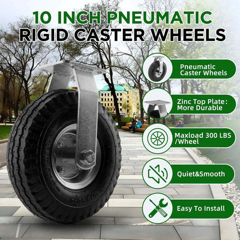 10 inch pneumatic rigid caster wheels in a 2 pack with all terrain rubber tires, zinc top plate design rated 600 lbs on pavement.