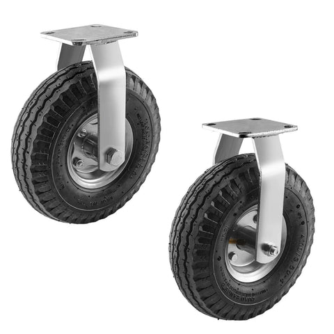 10 inch pneumatic rigid caster wheels in a 2 pack with all terrain rubber tires, zinc top plate design rated 600 lbs