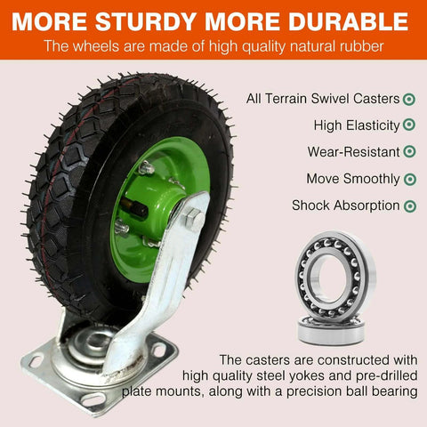 10 inch pneumatic caster wheels set of 4 with heavy duty air tires, showing a swivel caster with a rubber tire and metal yoke.