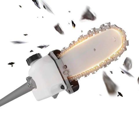 Close-up of 10 Inch Pole Saw Attachment With Automatic Lubrication for cutting limbs, featuring durable chain and universal fit design.