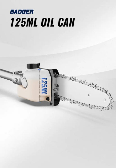 10 Inch Pole Saw Attachment With Automatic Lubrication for Gas Powered Tools showing chain and oil canister