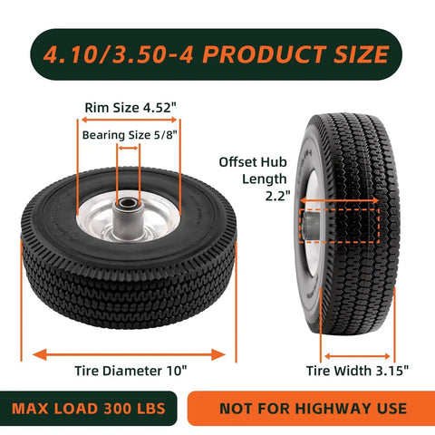 10 Inch Solid Polyurethane Tire 4.10 To 3.50-4 With Flat Free Wheels Five Eighth Inch Bearings And 2.2 Inch Offset Hub dimensions