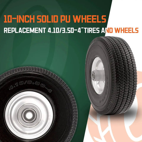 10 Inch Solid Polyurethane Tire 4.10 To 3.50-4 with flat free wheels featuring five eighth inch bearings and offset hub