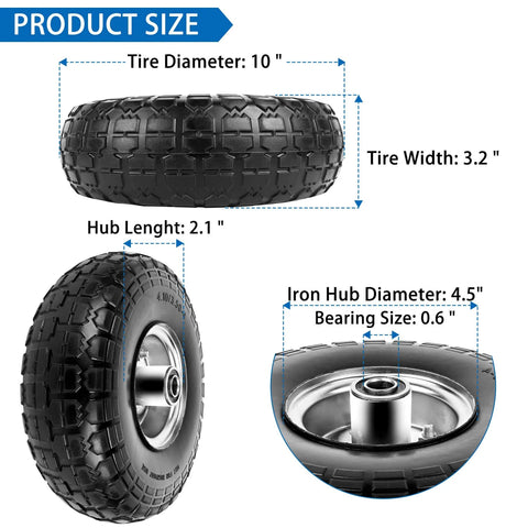 4.10/3.50-4 Flat Free 10 Inch Solid Tires and Wheels Replacement, showing tire size and specifications.
