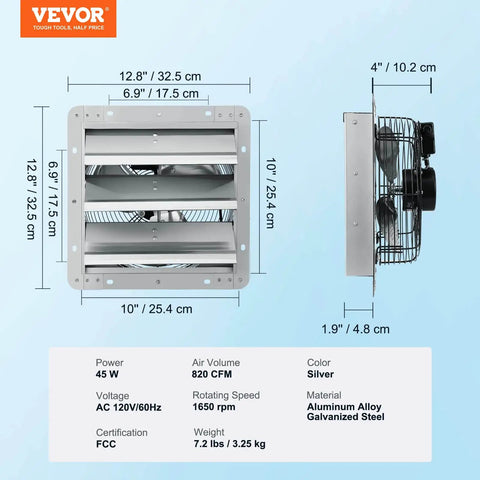10 Fan 10 Inch Shutter Exhaust Fan With 820 CFM High Speed Al...