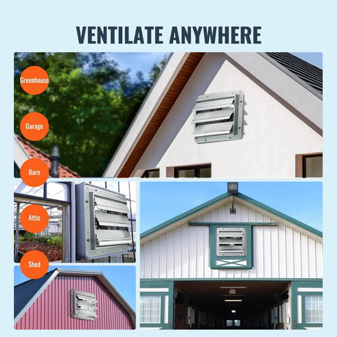 10 Inch Shutter Exhaust Fan With 820 CFM High Speed Aluminum Wall Mount Attic Fan For Ventilation And Cooling In Greenhouses Garages Sheds And Shops With AC Motor FCC Listed By VEVOR installed on various building exteriors.