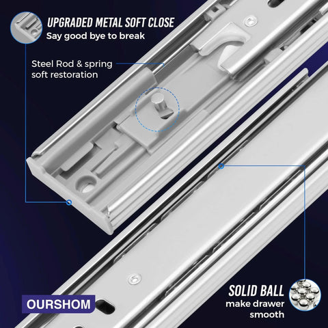 Close-up of 10 Inch Soft Close Drawer Slides 1 Pairs (2pcs) Heavy Duty Full Extension Ball Bearing, showing metal soft close and solid ball features