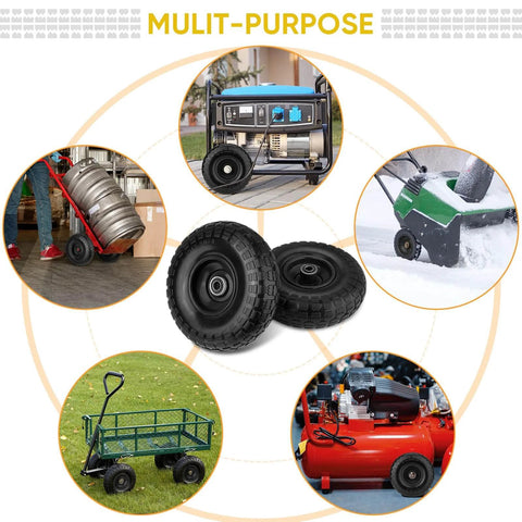 10 Inch Solid Tires 2 Pack Flat Free 4.10/3.50-4 Wheels with 5/8 Inch Axle Bore for carts and equipment in various settings.