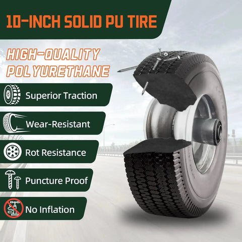 10 Inch Solid Polyurethane Tire 4.10 To 3.50-4 With Flat Free Wheels Five Eighth Inch Bearings And 2.2 Inch Offset Hub