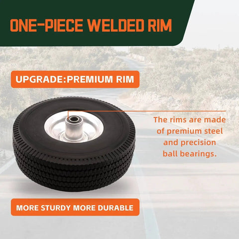 10 Inch Solid Polyurethane Tire 4.10 To 3.50-4 With Flat Free Wheels Five Eighth Inch Bearings And 2.2 Inch Offset Hub