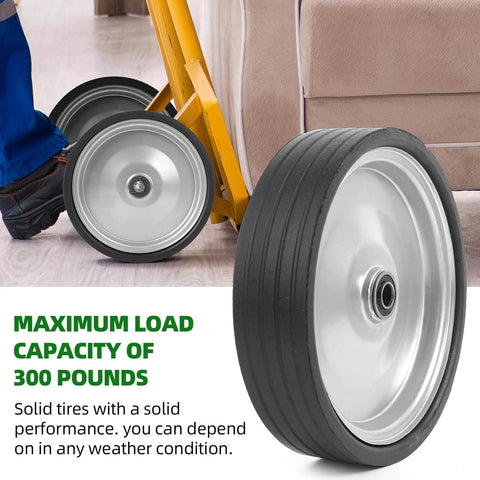 2-pack 10"x2.2" flat free solid rubber replacement tires for hand trucks and dollies, shown installed with maximum load capacity