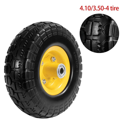 10" solid rubber tires and yellow wheels 4.10/3.50-4 with 5/8" bearings, close-up of tread pattern, heavy-duty replacement for carts, 2 pack