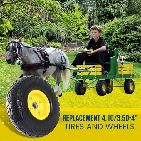 ✝️ (2-pack) 10-inch solid tire wheels - replacement 4.10/3.50-4" flat free tires and wheels with 5/8" axle bore view with wagon