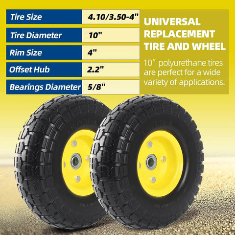 ✝️ (2-pack) 10-inch solid tire wheels - replacement 4.10/3.50-4 flat free tires and wheels with 5/8 axle bore hole bearings, 2.17 offset hub