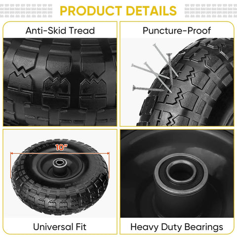 10 Inch Solid Tires 2 Pack Flat Free 4.10/3.50-4 Wheels with 5/8 Inch Axle Bore showing anti-skid tread and heavy duty bearings.