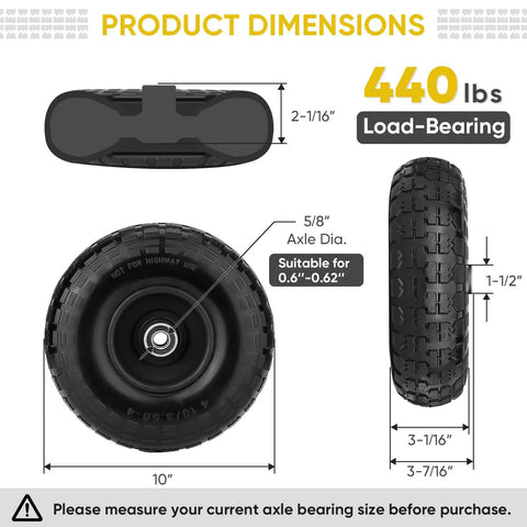10 Inch Solid Tires 2 Pack Flat Free 4.10/3.50-4 Wheels with 5/8 Inch Axle Bore and Double Sealed Bearings dimensions and load capacity displayed.