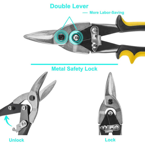 10 Inch Tin Snips Heavy Duty Chrome Vanadium Steel Metal Cutter Shears with double lever and safety lock features shown.